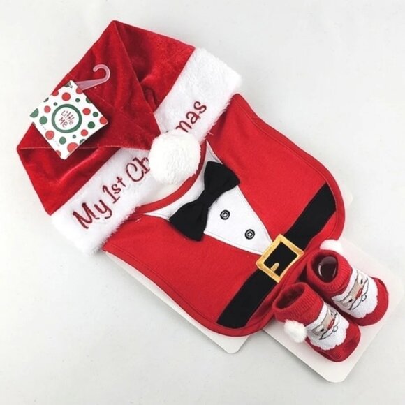 Little Me Baby's My First Christmas Santa Hat Bib  &  Booties Set Size  Up to 12 - Picture 1 of 8